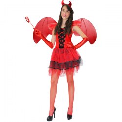 Costume Diavoletta Sexy Rosso e Nero per Halloween e Carnevale, Vestito, Calze, Guanti, Corna, Tridente e Ali, Pegasus