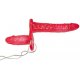 Vibratore Doppio Indossabile Strap-On Rosso per Donna con 1 Dildo Esterno di 18 cm e 1 Dildo Interno di 10 cm in PVC, Bad Kitty